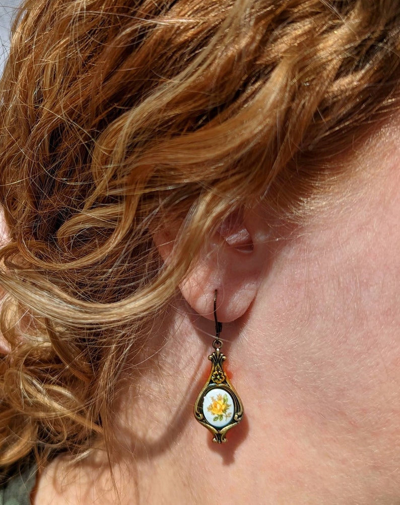 Yellow Rose Limoges Earrings: Antique Style Botanical Jewelry