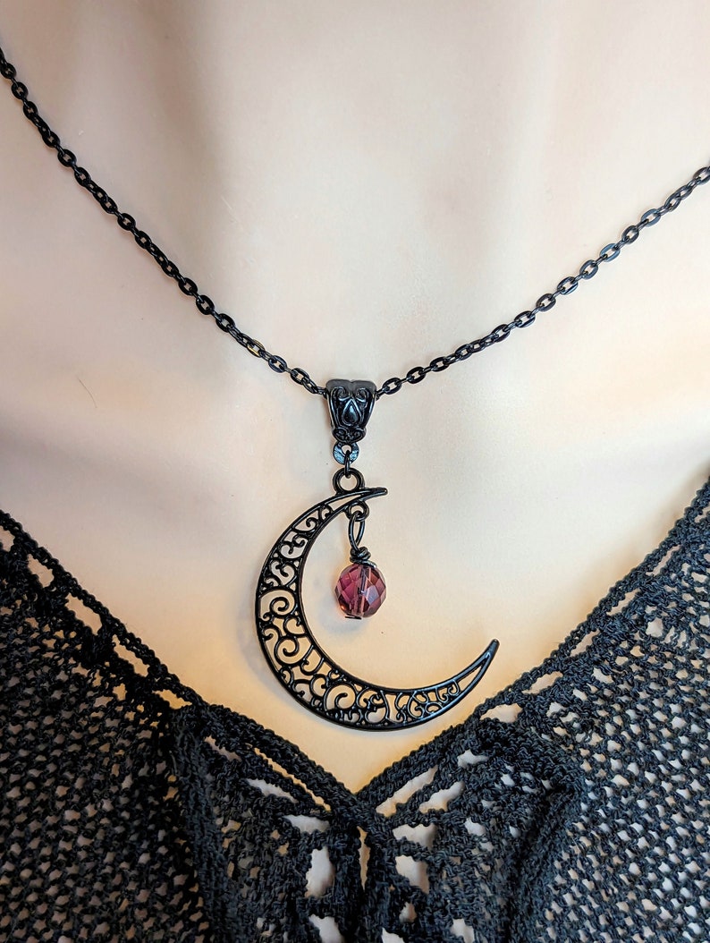 Black Crescent Moon Necklace: Filigree Celestial Jewelry, Amethyst Bead