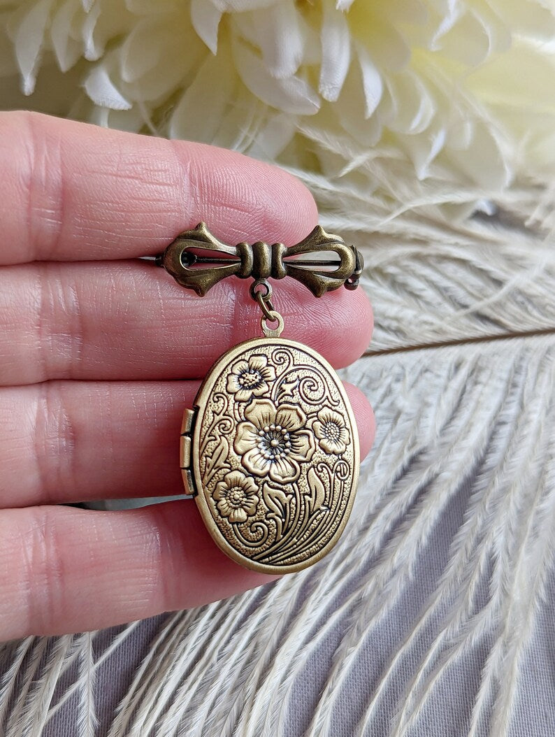 Embossed Floral Locket Brooch | Antiqued Brass Wedding Memory Pin