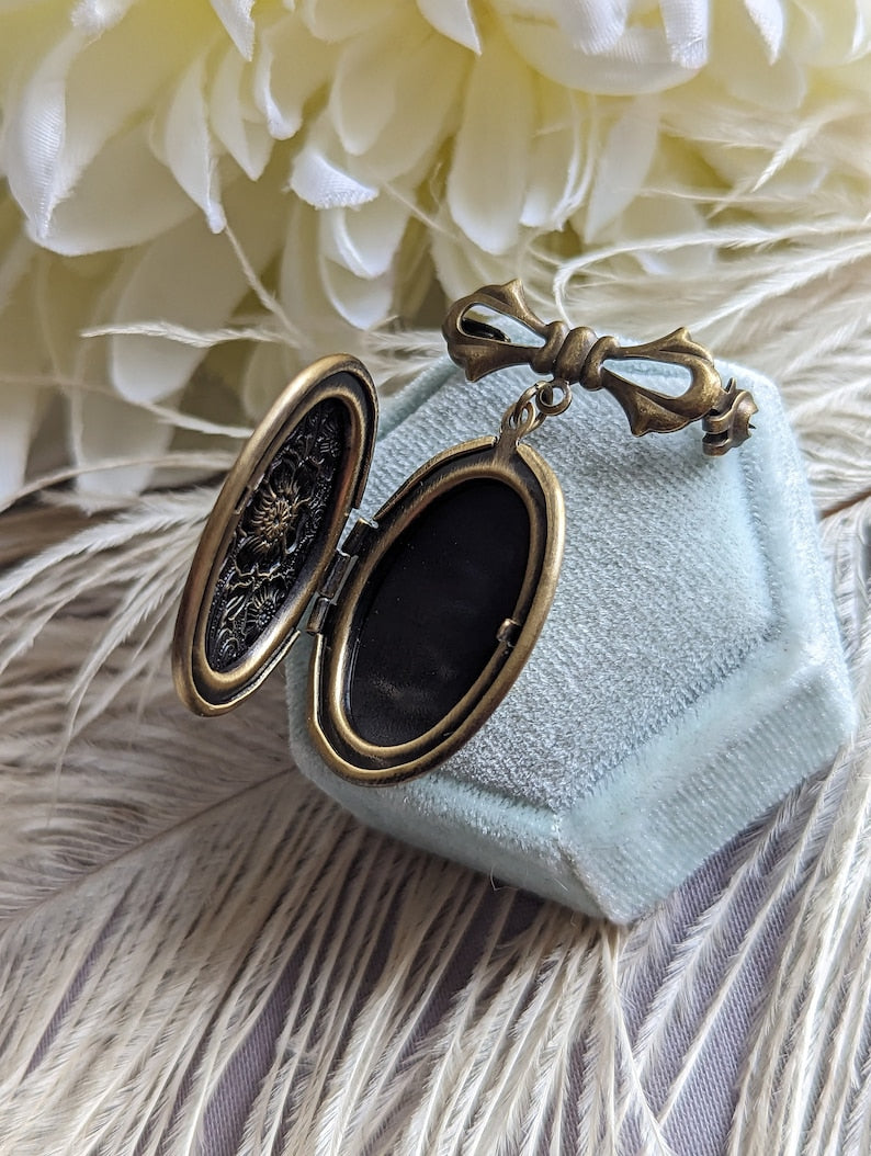 Embossed Floral Locket Brooch | Antiqued Brass Wedding Memory Pin