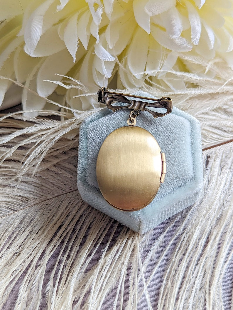 Embossed Floral Locket Brooch | Antiqued Brass Wedding Memory Pin