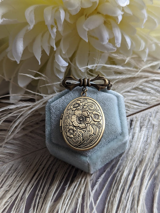 Embossed Floral Locket Brooch | Antiqued Brass Wedding Memory Pin