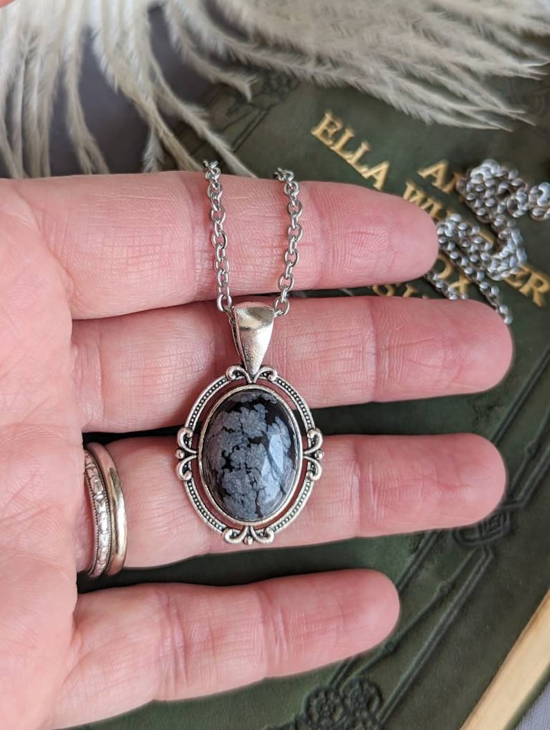 Snowflake Obsidian Necklace | Gothic Silver Pendant, Handmade Jewelry