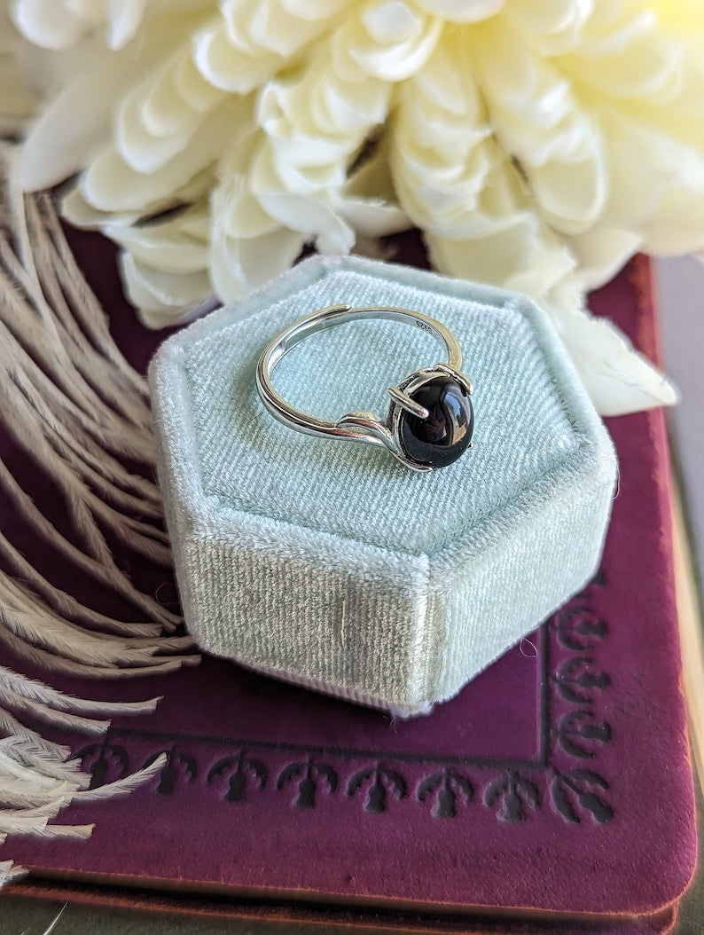Onyx Sterling Silver Ring, Adjustable Black Gothic Jewelry