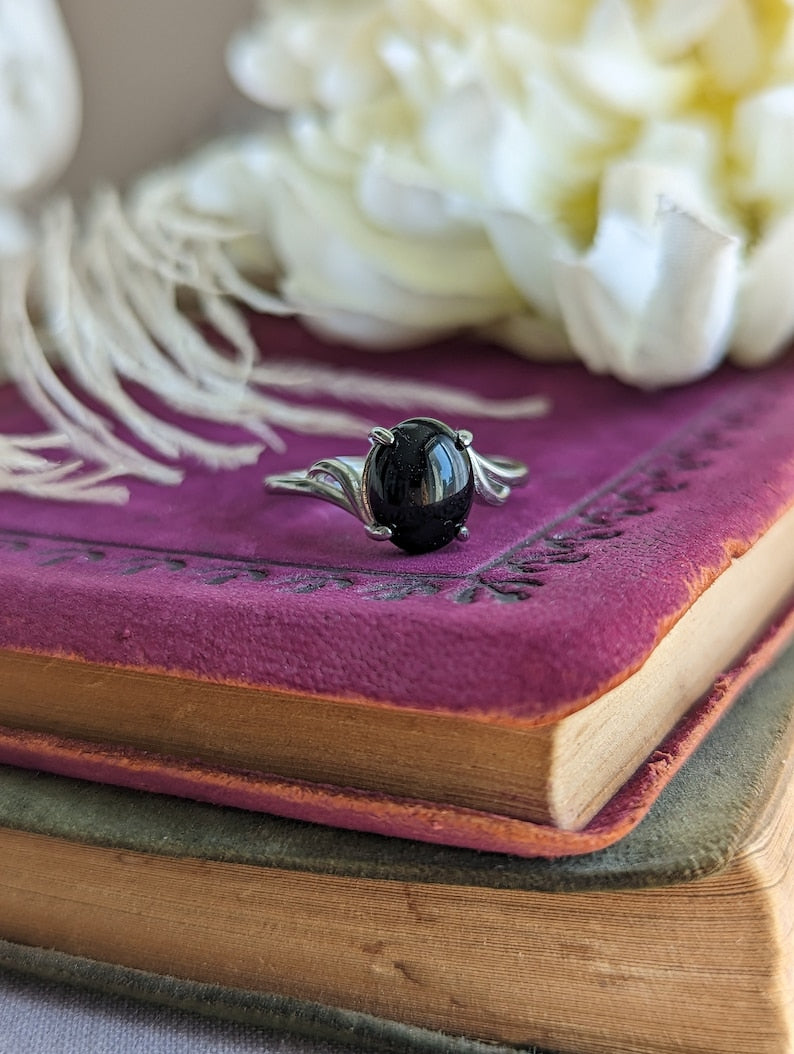 Onyx Sterling Silver Ring, Adjustable Black Gothic Jewelry