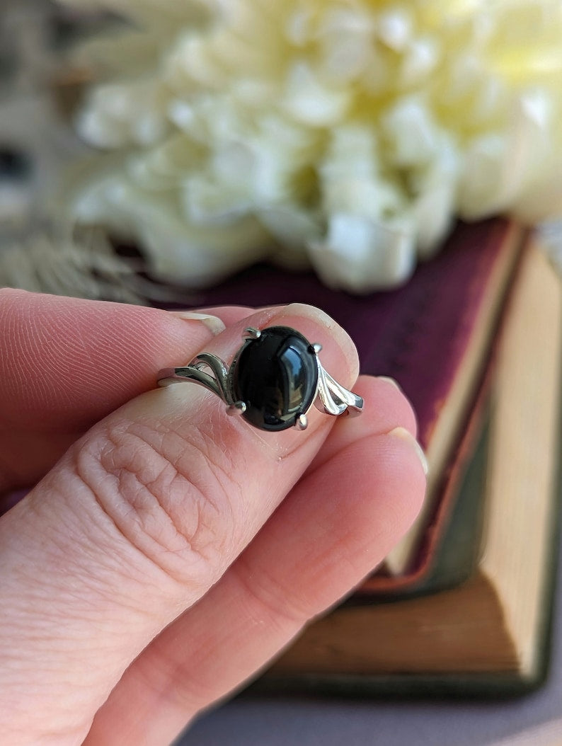 Onyx Sterling Silver Ring, Adjustable Black Gothic Jewelry
