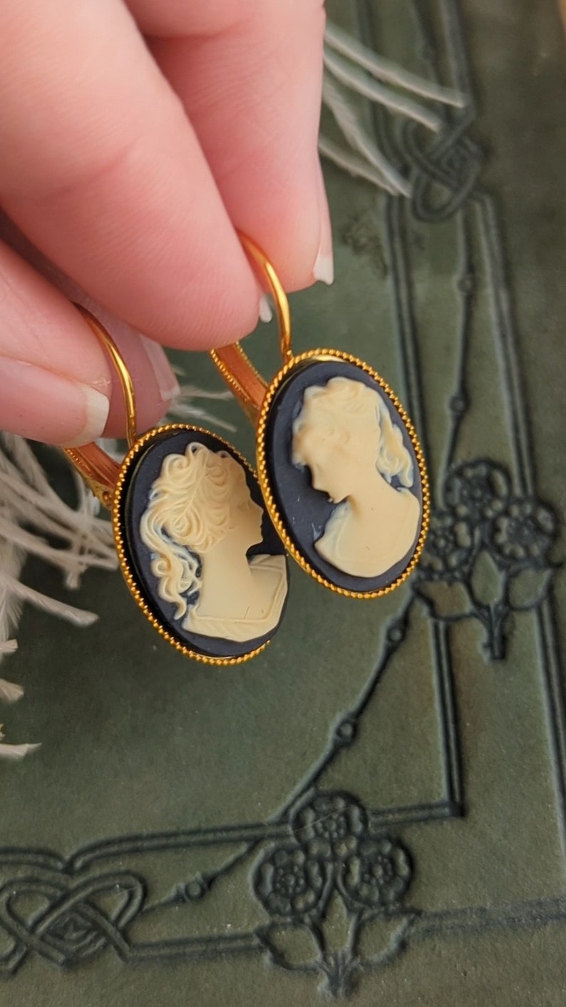 Black Cameo Earrings: Gold Lever Backs, Victorian Style