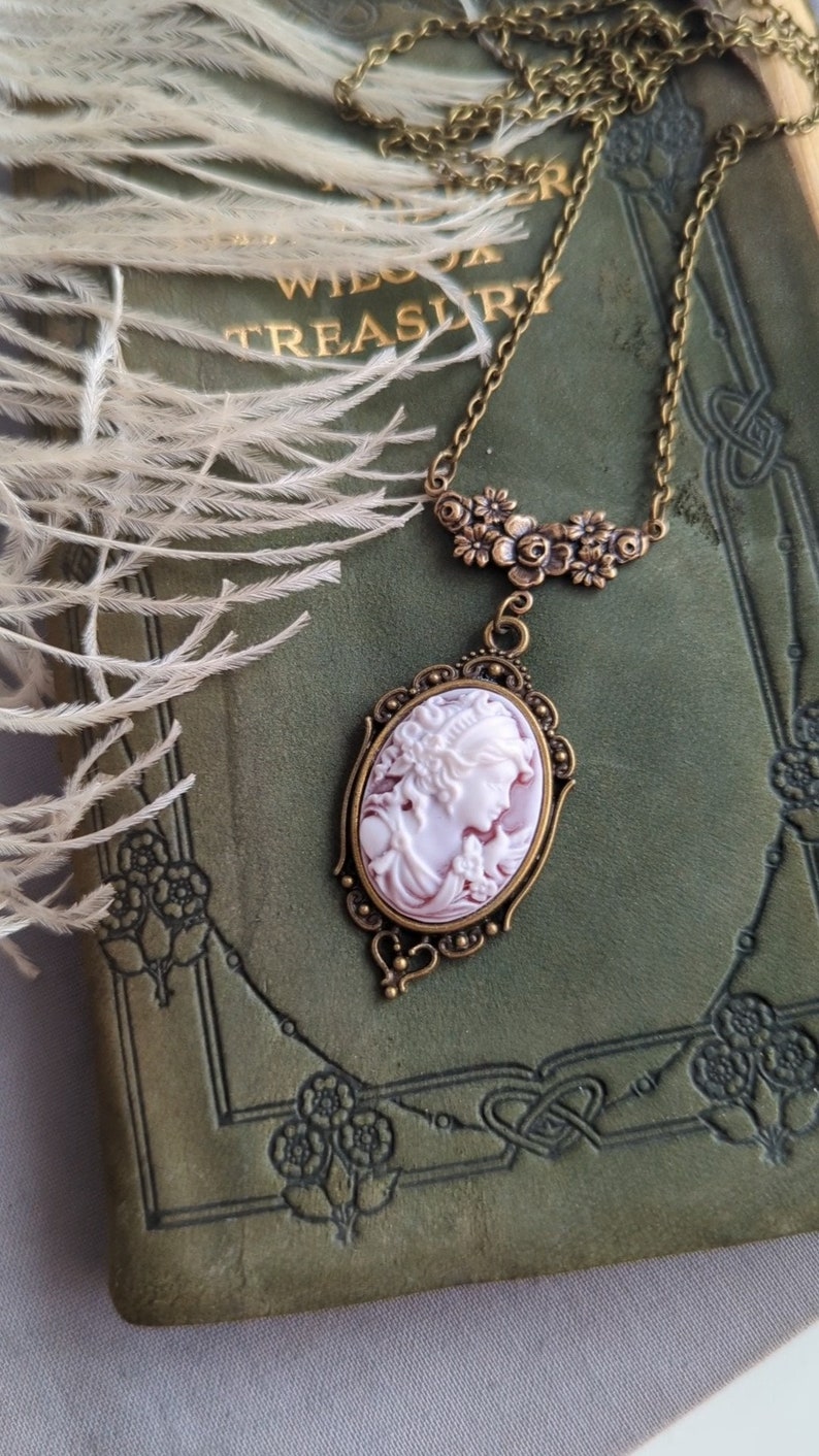 Victorian Goddess Cameo Necklace, Antique Brass Pendant, Wedding Jewelry