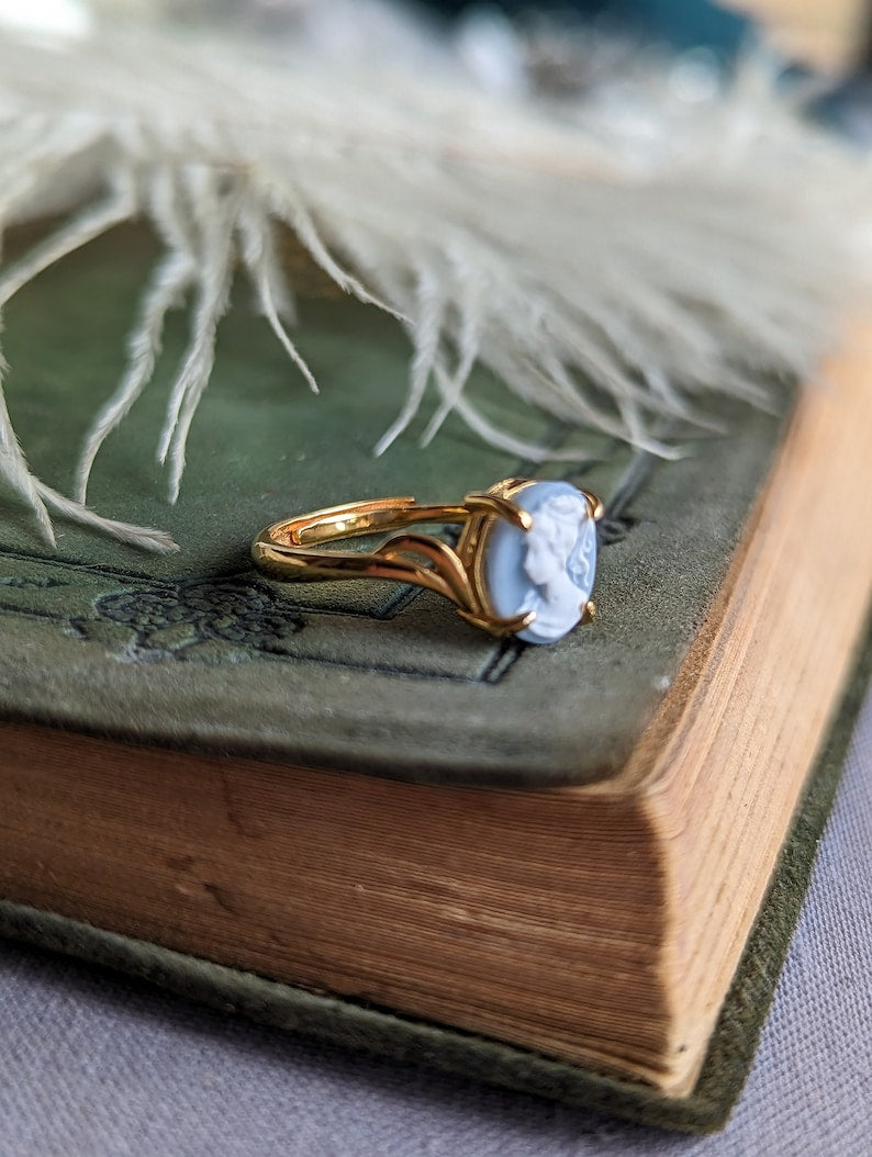 Gold Vermeil Cameo Ring, Victorian Jewelry, Adjustable Sterling Silver