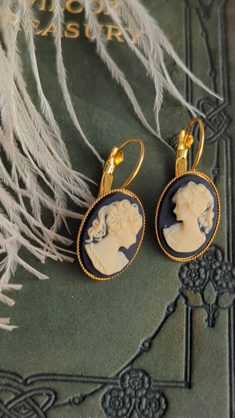Black Cameo Earrings: Gold Lever Backs, Victorian Style