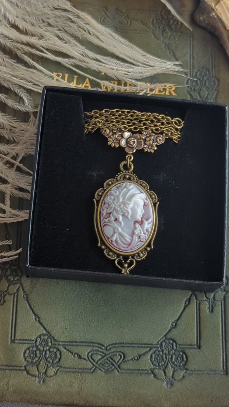Victorian Goddess Cameo Necklace, Antique Brass Pendant, Wedding Jewelry