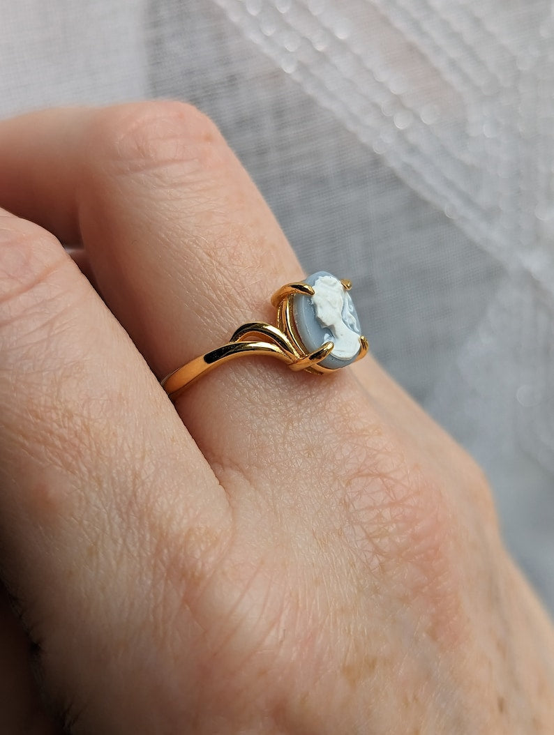 Gold Vermeil Cameo Ring, Victorian Jewelry, Adjustable Sterling Silver