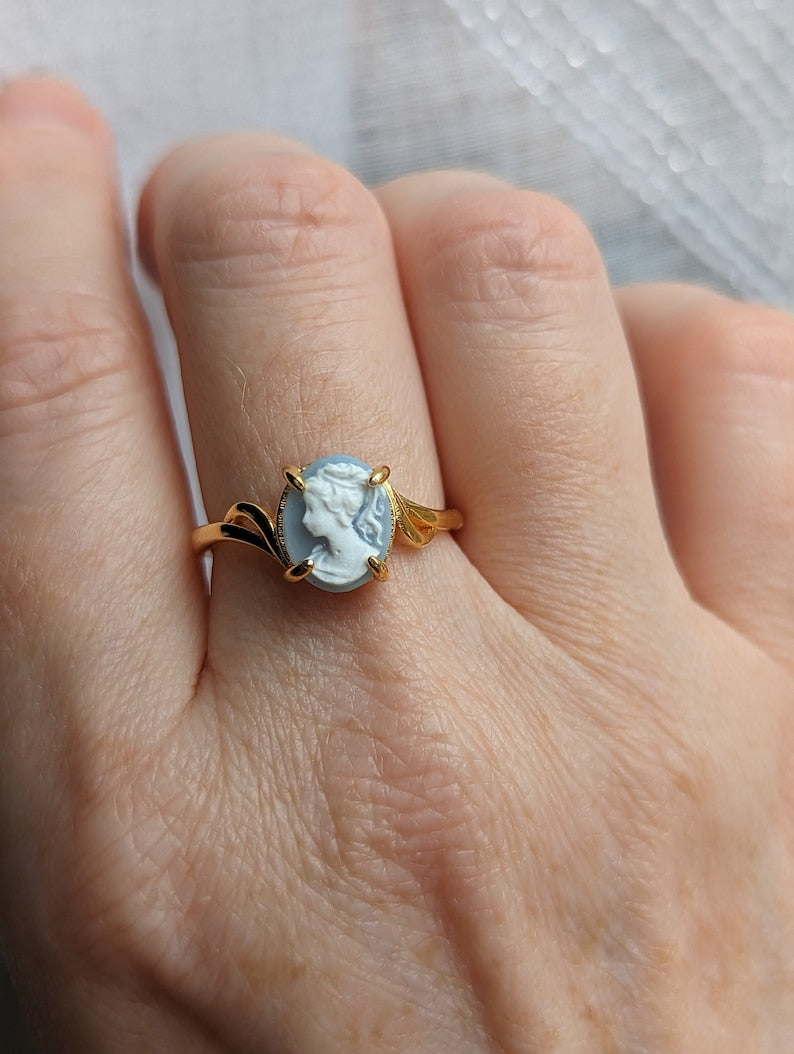 Gold Vermeil Cameo Ring, Victorian Jewelry, Adjustable Sterling Silver