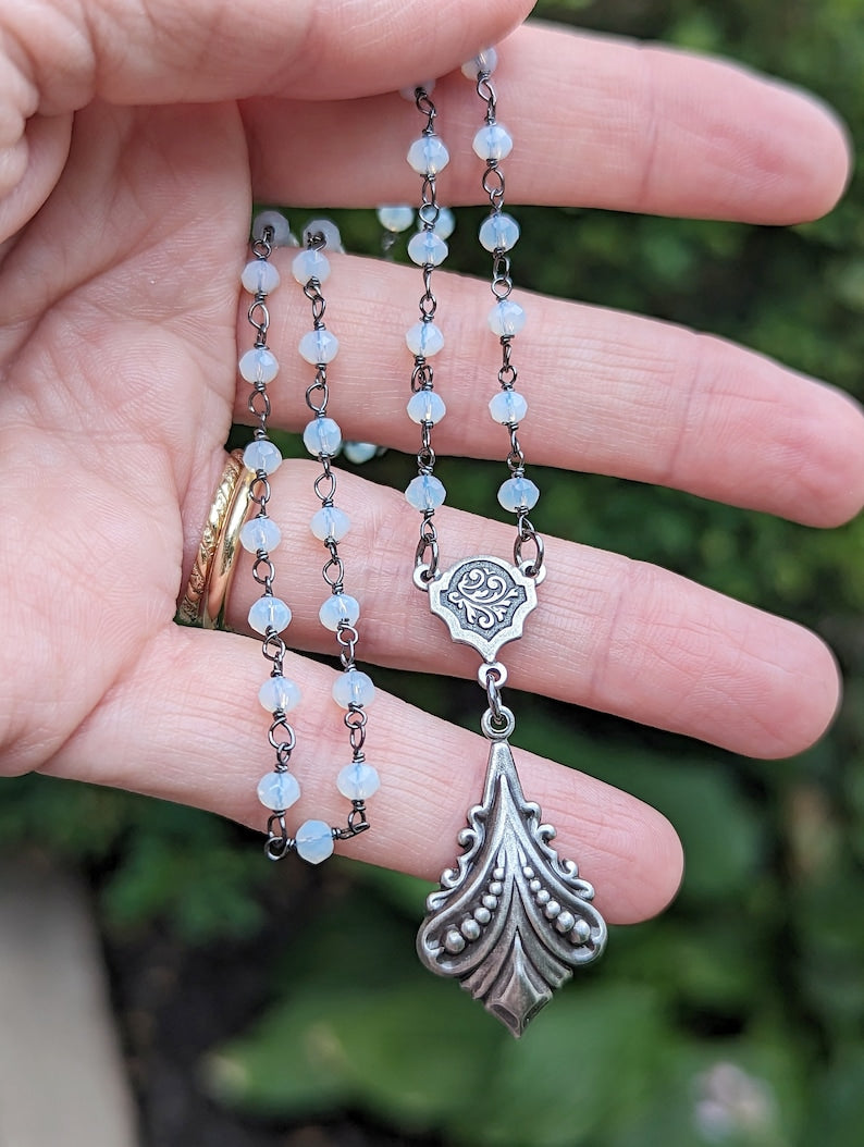 Rainbow Moonstone Necklace, Rosary Chain with Silver Fluted Pendant