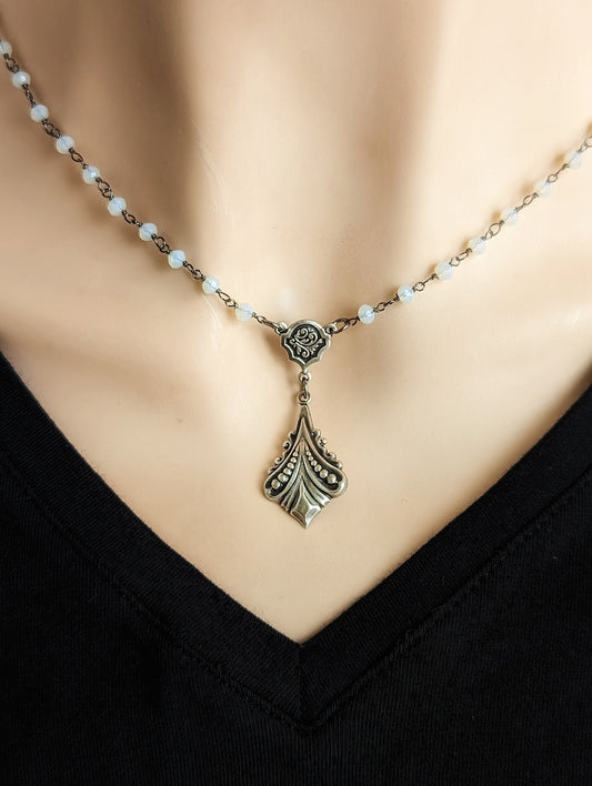 Rainbow Moonstone Necklace, Rosary Chain with Silver Fluted Pendant