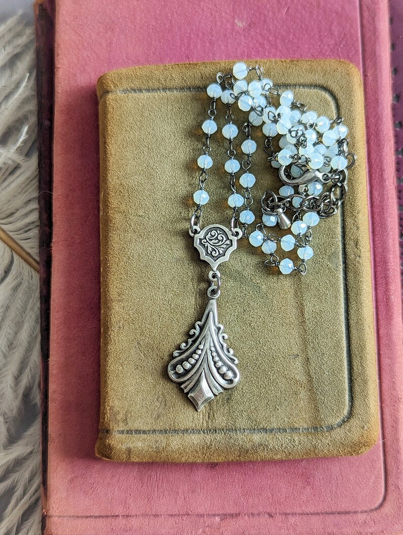 Rainbow Moonstone Necklace, Rosary Chain with Silver Fluted Pendant