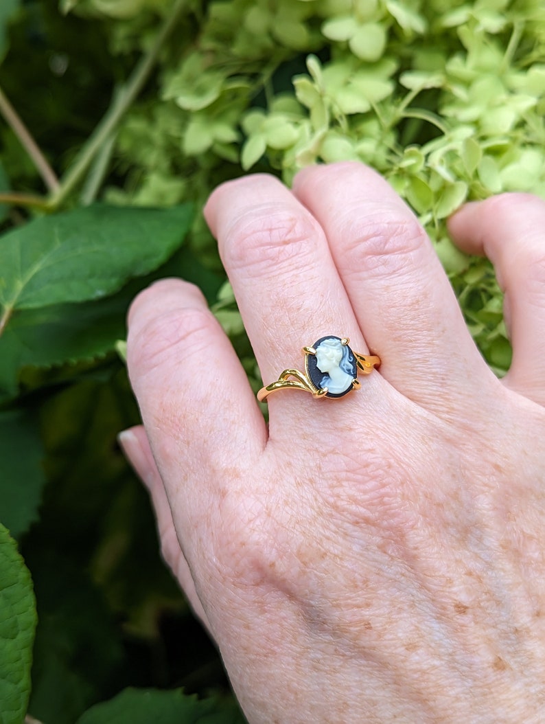 Gold Vermeil Cameo Ring, Adjustable Size, Victorian Jewelry Gift for Her