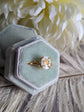 Gold Vermeil Blue Rose Ring - 925 Sterling Silver - Victorian Floral Jewelry in a light green velvet box against a floral background