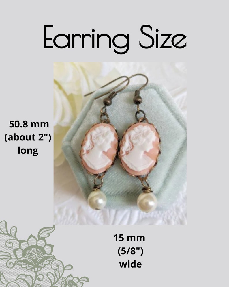 Peach Cameo Pearl Earrings: Victorian Style Brass Dangle Earrings