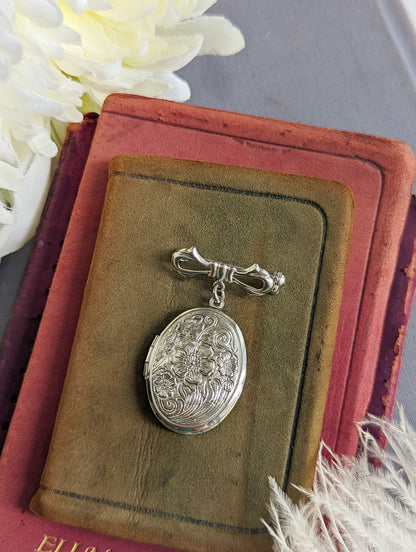 Embossed Floral Locket Brooch | Antiqued Brass Wedding Memory Pin