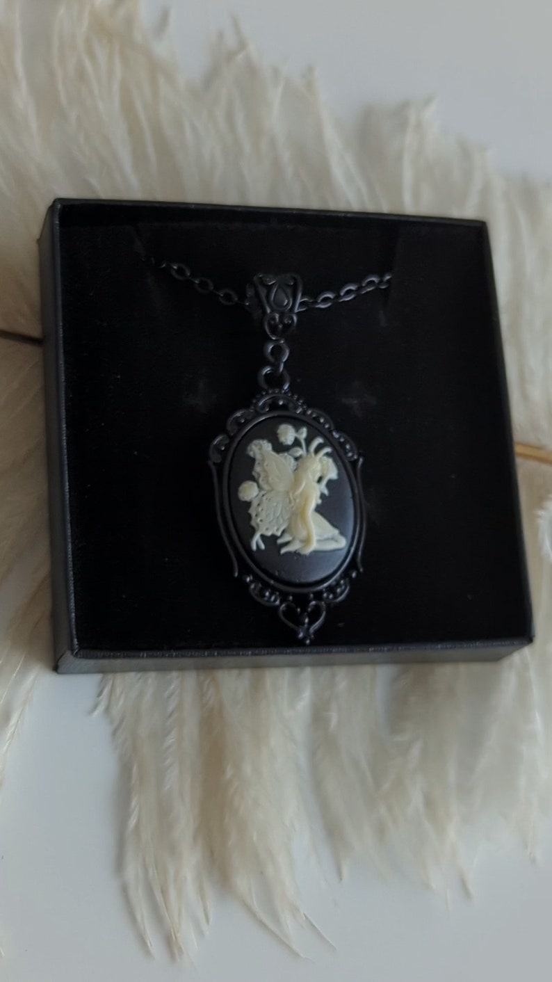 Black Fairy Cameo Necklace, Woodland Fae Pendant, Gothic Jewelry