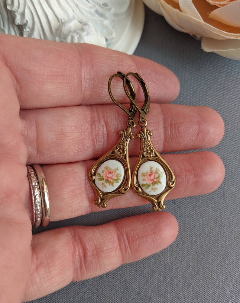 Yellow Rose Limoges Earrings: Antique Style Botanical Jewelry