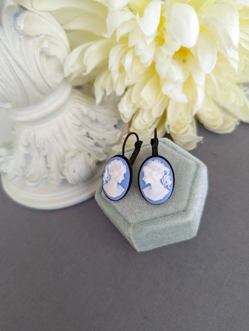 Blue Cameo Earrings in Black Lever backs, Gothic Victorian Jewelry