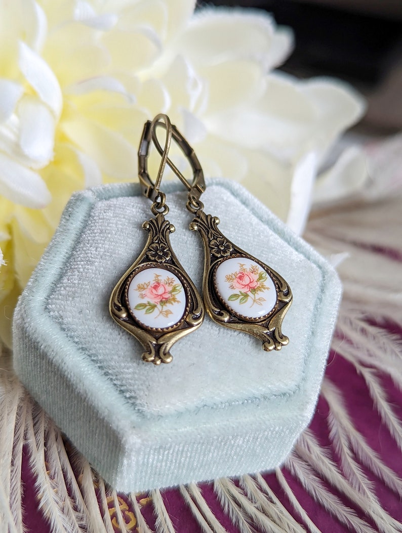 Pink Rose Limoges Earrings: Vintage Style Floral Jewelry
