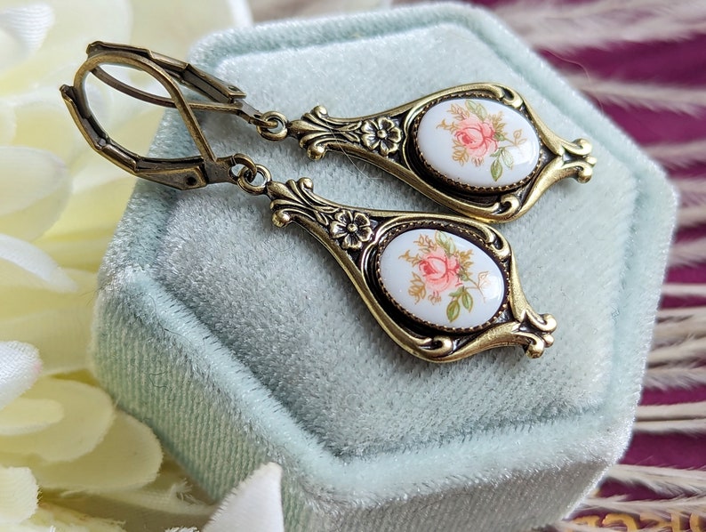 Pink Rose Limoges Earrings: Vintage Style Floral Jewelry