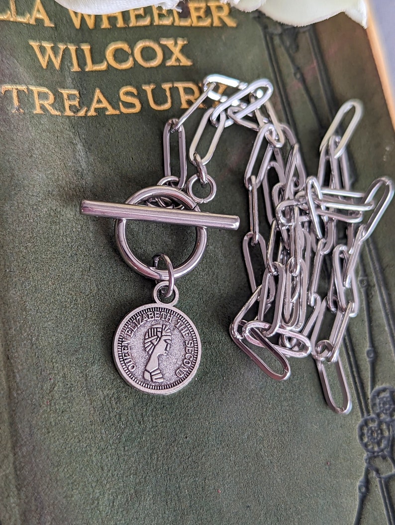 Vintage Coin Choker with Silver Toggle Paperclip Chain Necklace