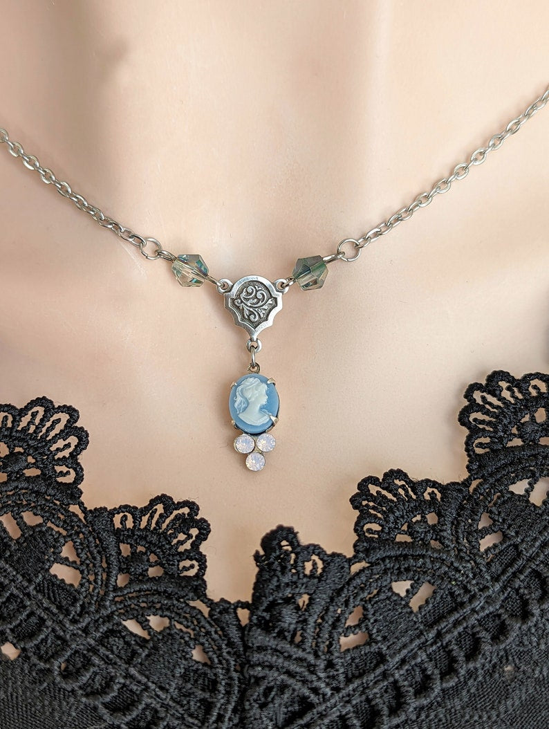 Blue Cameo Pendant Necklace with Rosewater Opals, Victorian Jewelry