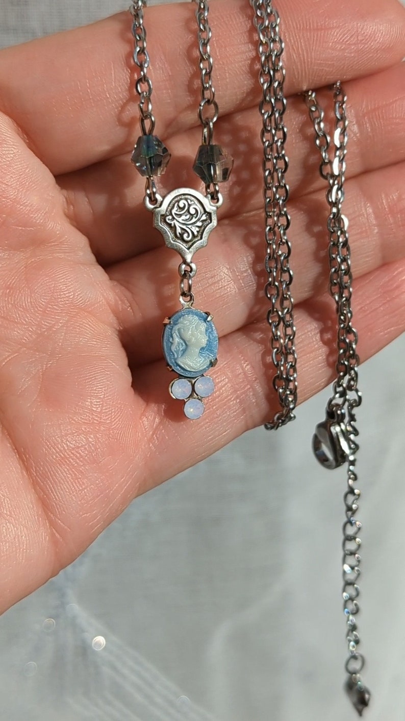 Blue Cameo Pendant Necklace with Rosewater Opals, Victorian Jewelry