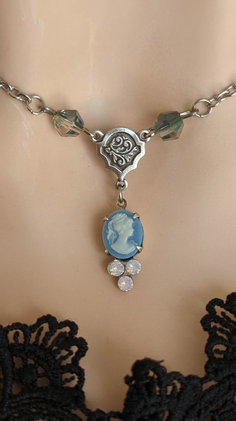 Blue Cameo Pendant Necklace with Rosewater Opals, Victorian Jewelry