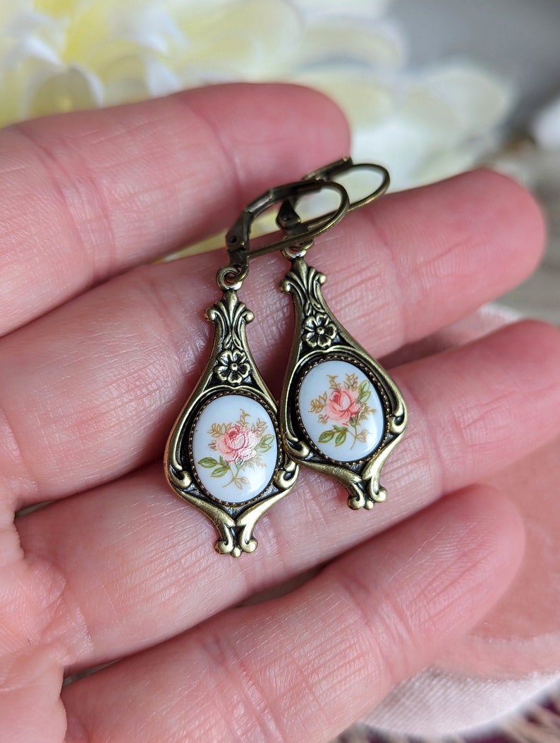 Pink Rose Limoges Earrings: Vintage Style Floral Jewelry