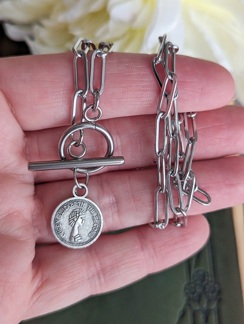 Vintage Coin Choker with Silver Toggle Paperclip Chain Necklace