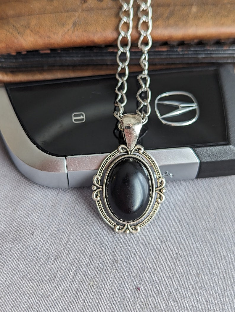 Black Obsidian Necklace for Men, Antiqued Silver Pendant, Curb Chain