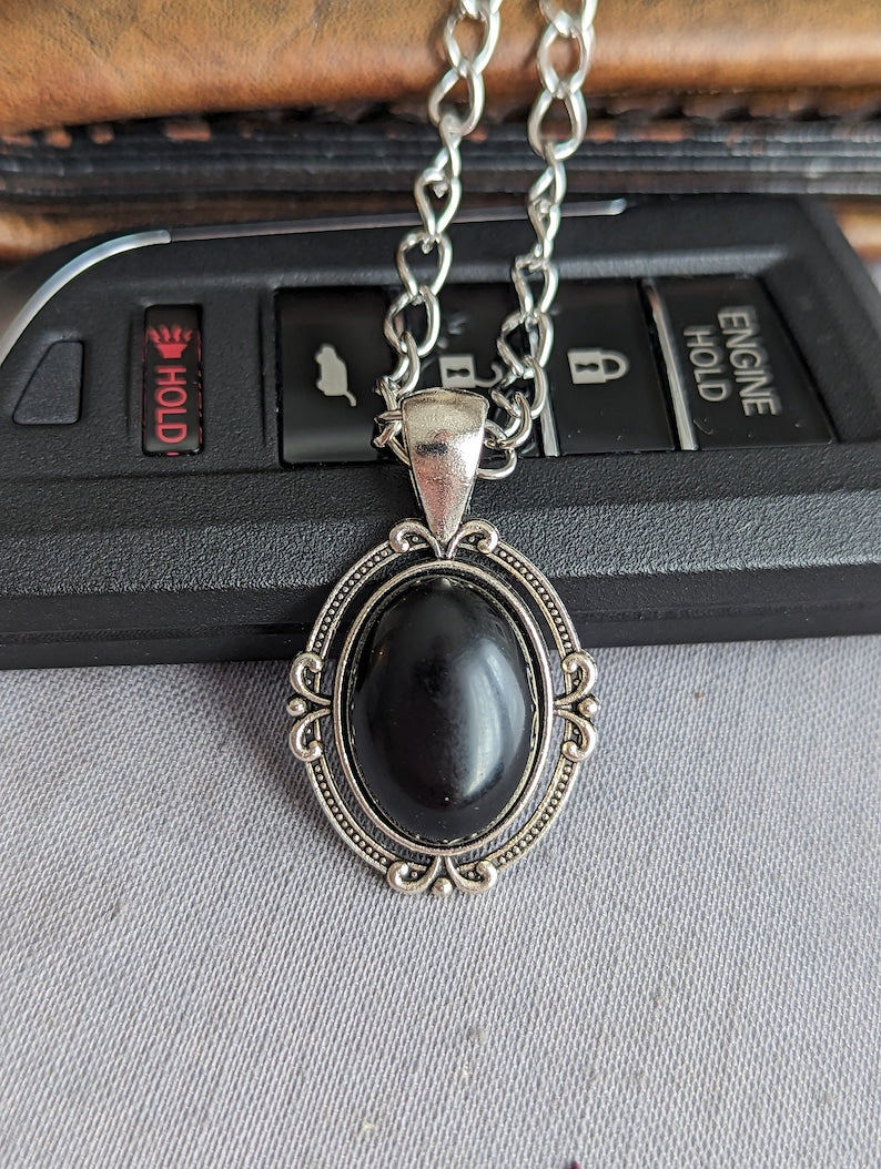 Black Obsidian Necklace for Men, Antiqued Silver Pendant, Curb Chain