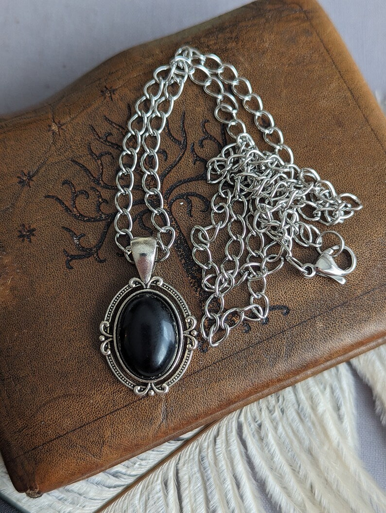 Black Obsidian Necklace for Men, Antiqued Silver Pendant, Curb Chain