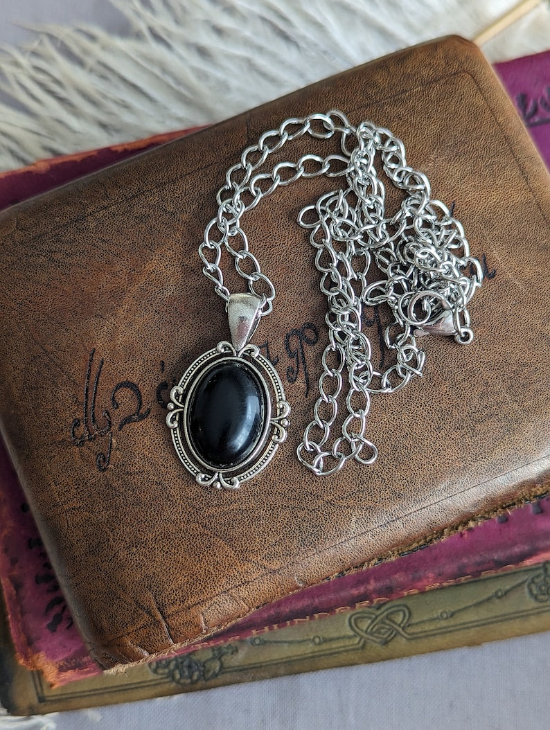 Black Obsidian Necklace for Men, Antiqued Silver Pendant, Curb Chain
