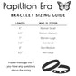 Papillion Era bracelet sizing guide with length measurements and customer service contact information.