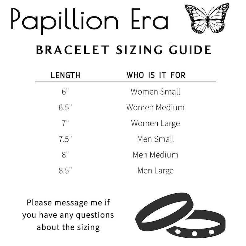 Papillion Era bracelet sizing guide with length measurements and customer service contact information.