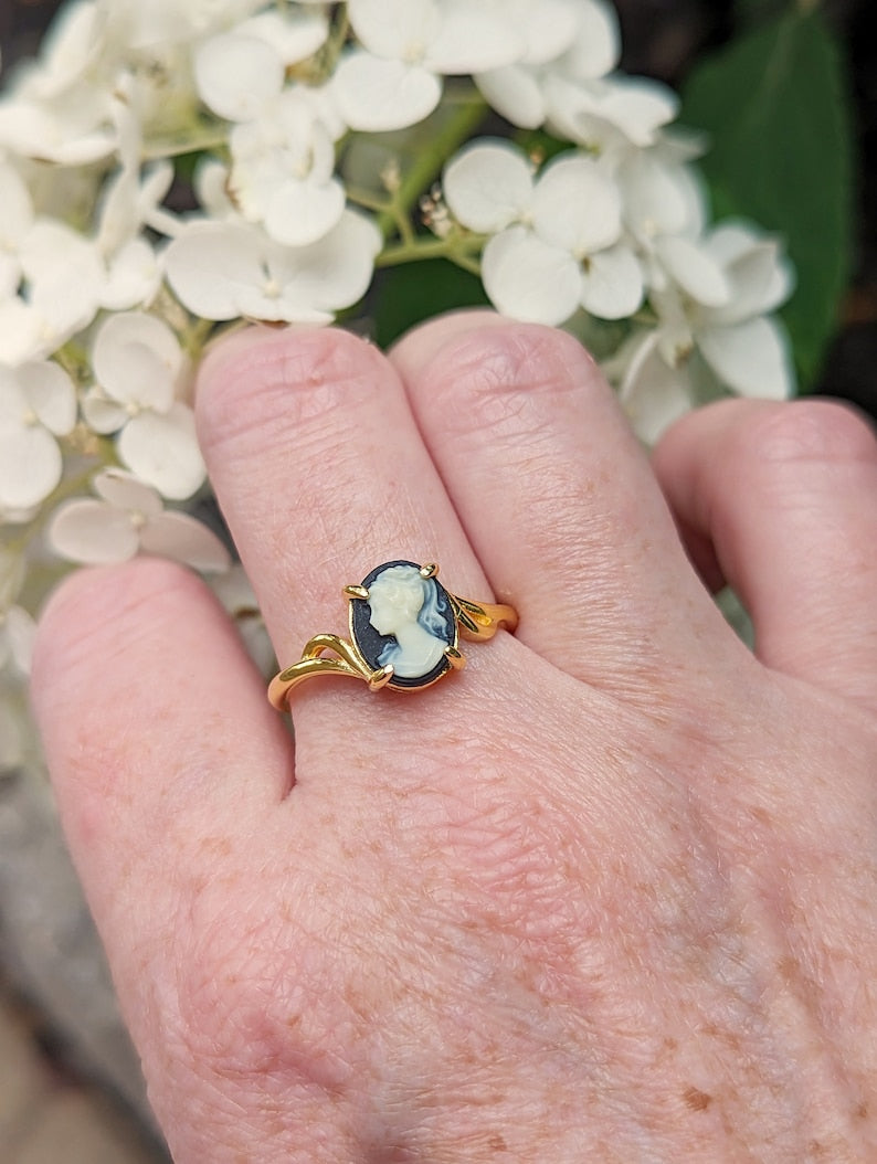 Gold Vermeil Cameo Ring, Victorian Jewelry, Adjustable Sterling Silver