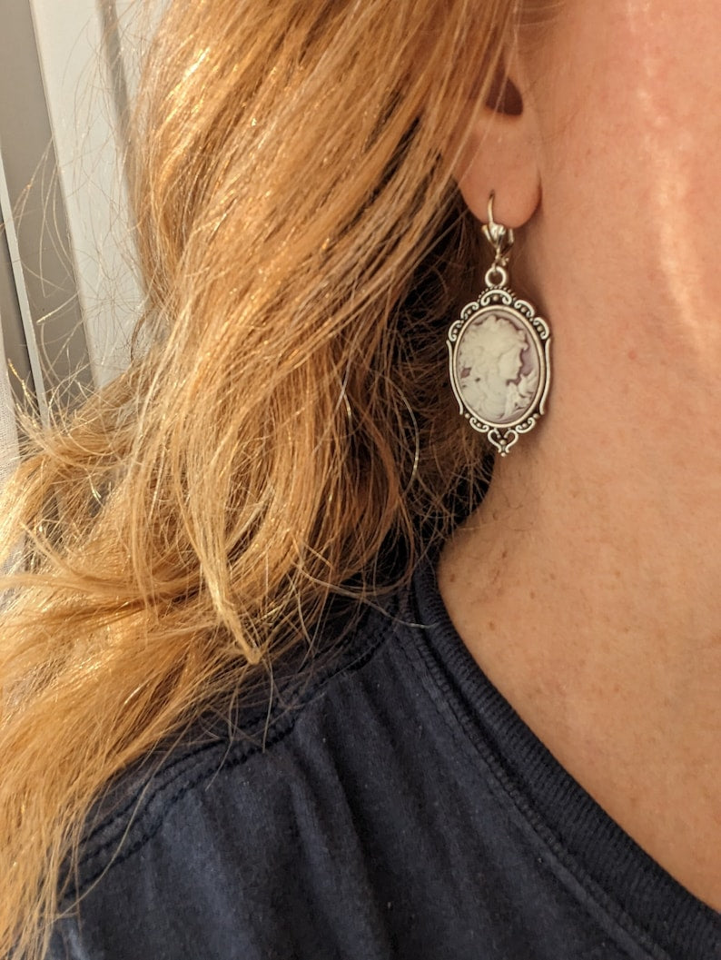 Goddess Cameo Statement Earrings: Silver Finish, Victorian Style