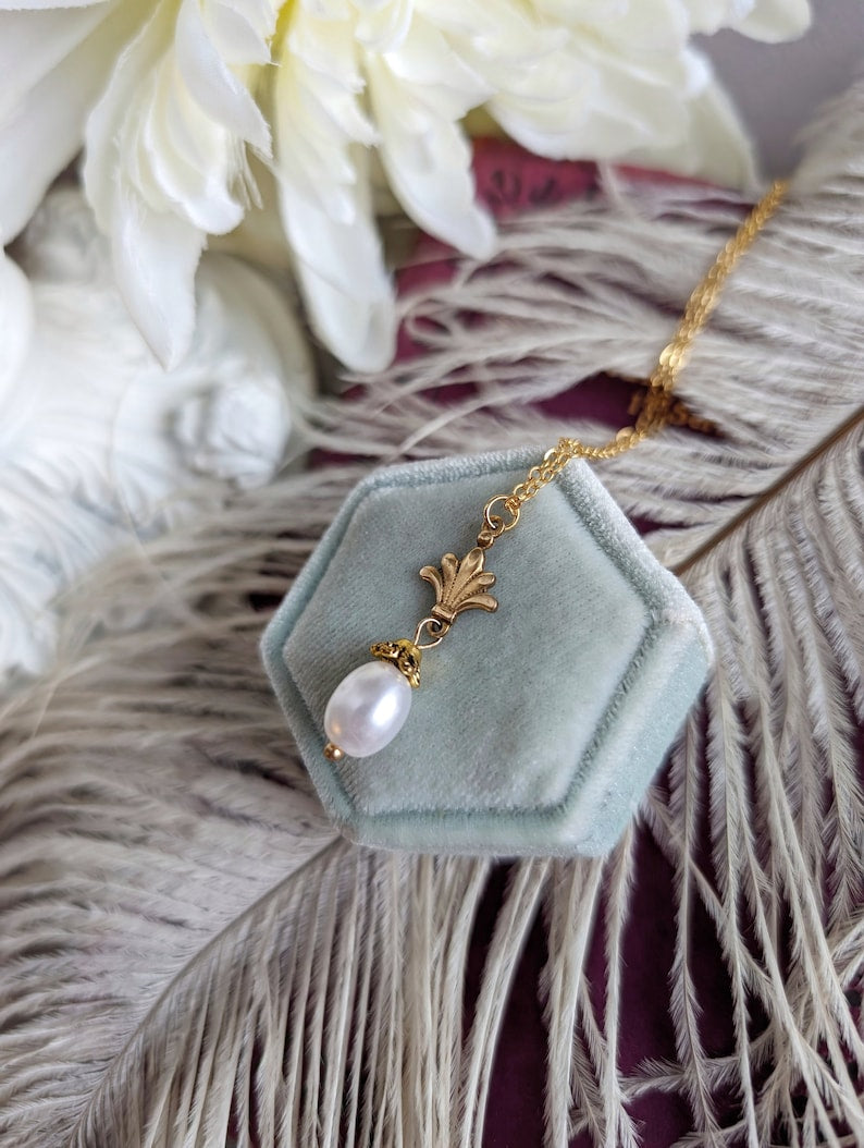 Gold Pearl Necklace | Art Deco 14K Plated Pendant, Handmade Jewelry