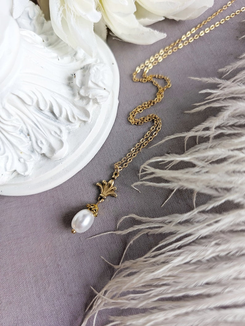 Gold Pearl Necklace | Art Deco 14K Plated Pendant, Handmade Jewelry