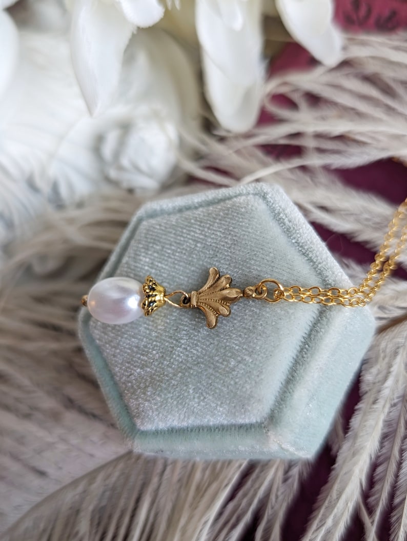 Gold Pearl Necklace | Art Deco 14K Plated Pendant, Handmade Jewelry