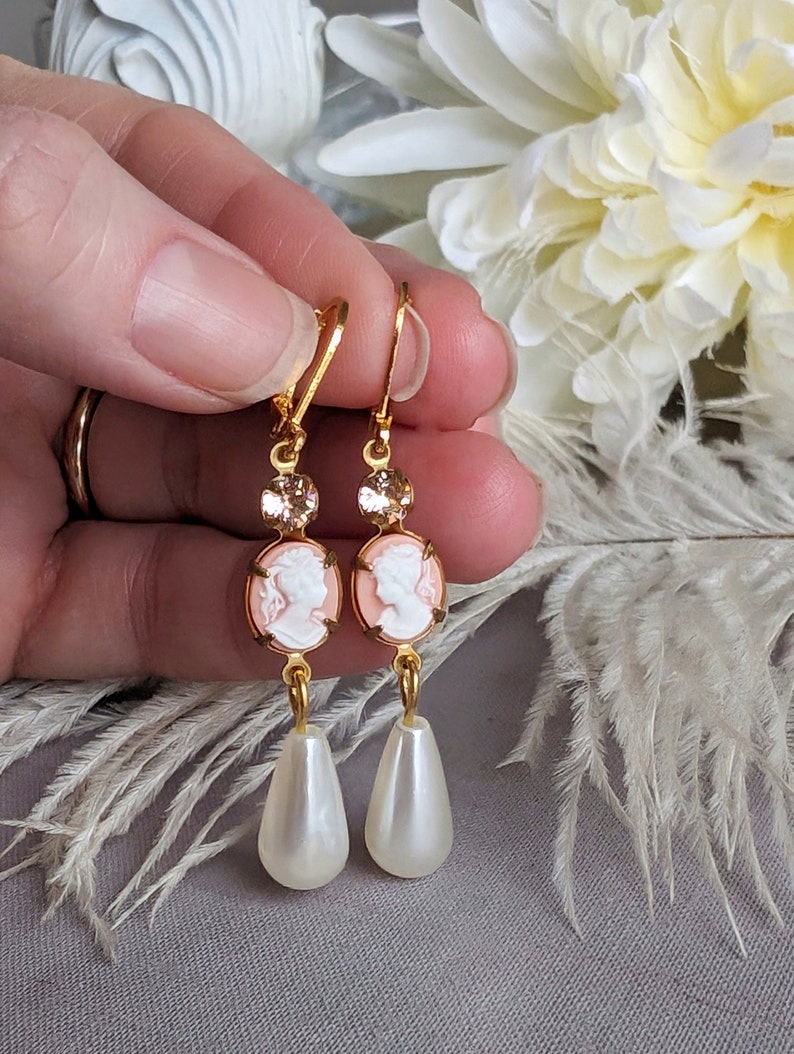 Pink Cameo Pearl Earrings | Victorian Romantic Vintage Jewelry