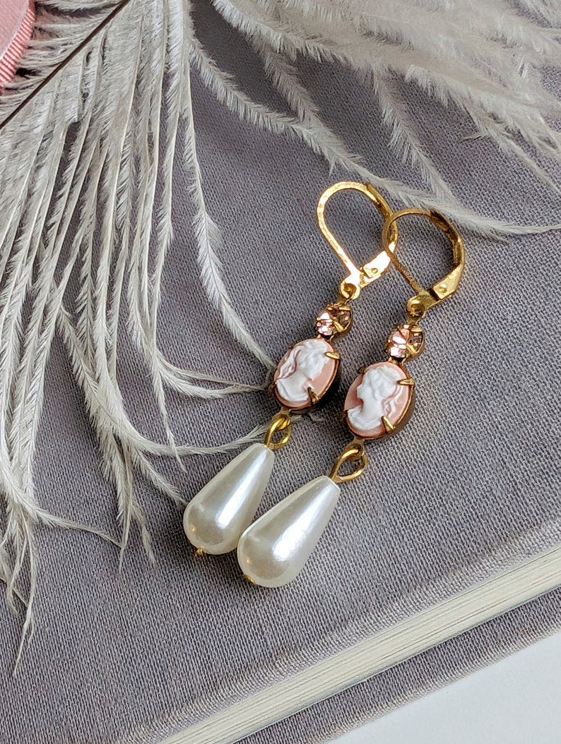 Pink Cameo Pearl Earrings | Victorian Romantic Vintage Jewelry