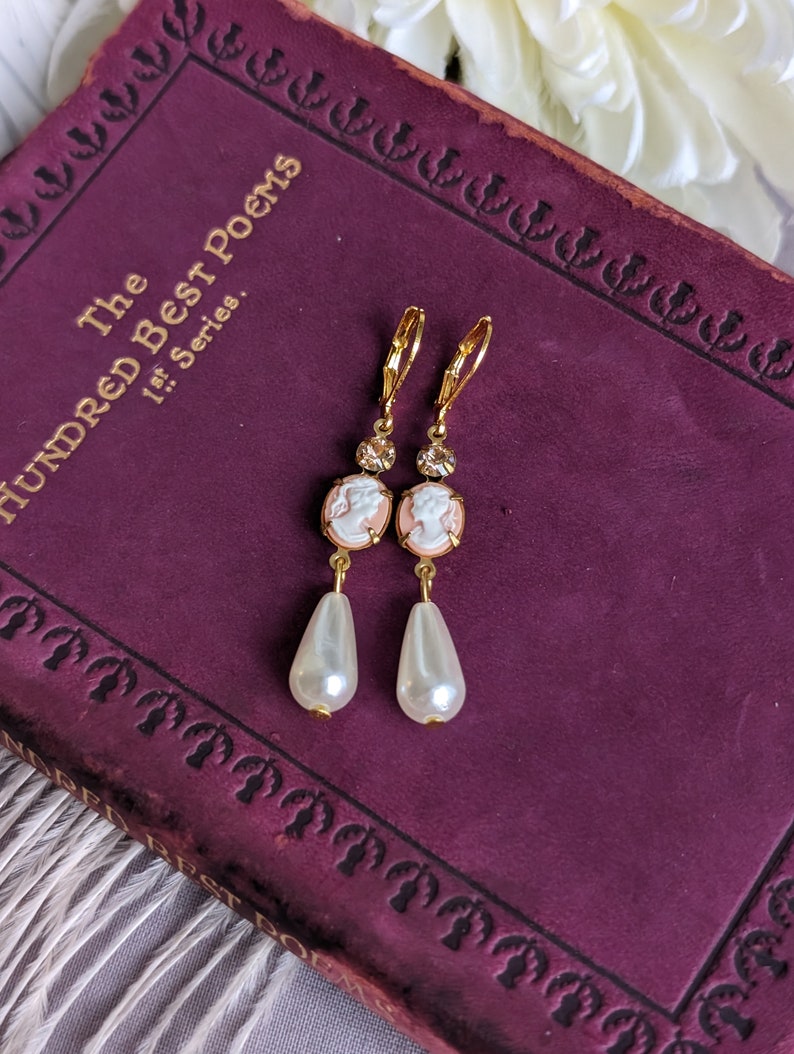 Pink Cameo Pearl Earrings | Victorian Romantic Vintage Jewelry