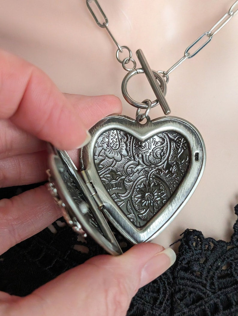 Heart Locket Toggle Necklace | Silver Floral Choker, Handmade Jewelry